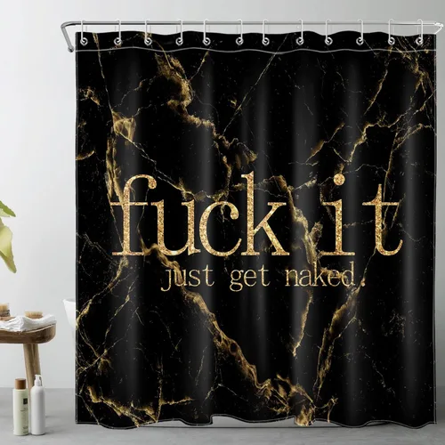 Vista 8 de Cortina de ducha de mármol negro y dorado, con citas divertidas Fuck It Get Naked de arte abstracto de mármol para baño, 60 x 72 pulgadas, tela
