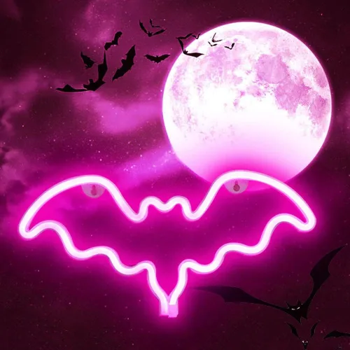 Vista 9 de Vicila Letreros de neón con forma de murciélago para Halloween, luces de neón LED, regalos espeluznantes, lámpara con forma de murciélago para Azul