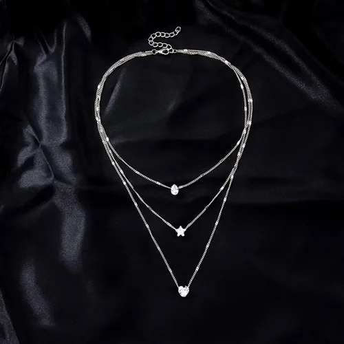 Vista 4 de YienDoo Collar de cristal con capas de estilo bohemio, gargantilla de lágrima de cristal, corazón, gotas de agua, estrella, collar multicapa dorado