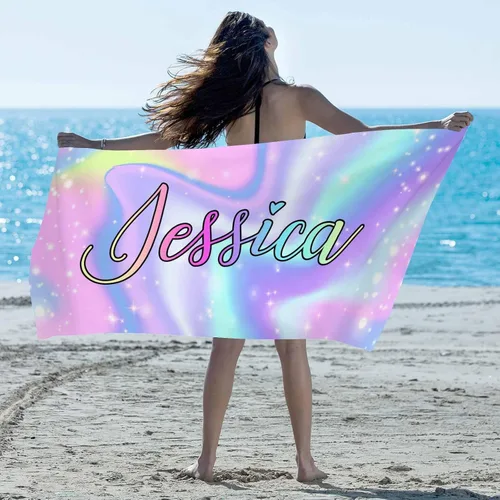 Vista 6 de Artsadd Toalla de playa personalizada con nombre, toallas de playa personalizadas con puntos azules y flores, toallas de playa con nombre
