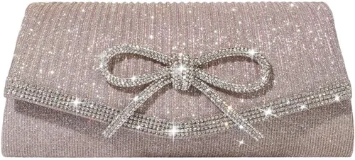 Vista 8 de Bolso de mano con lazo brillante para mujer con diamantes de imitación de purpurina para boda, fiesta, graduación, bolsa de noche elegante, caja