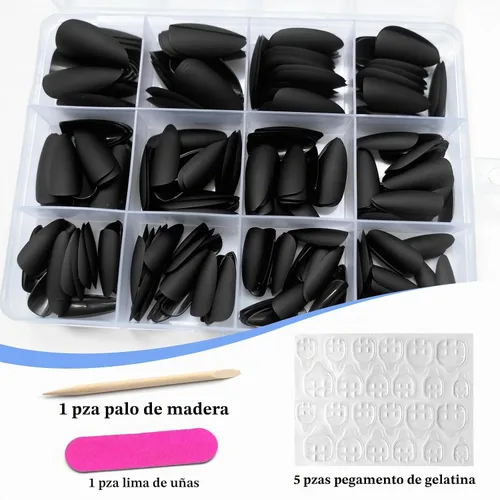 Vista 3 de 240 uñas postizas a presión con diseño de almendra de longitud media, uñas negras mates con diseño de almendra, puntas de uñas postizas cortas