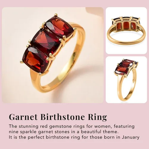 Vista 3 de 3 Stone Garnet Rings for Women in 925 Sterling Silver with 14K Gold Plating - January Birthstone Promise Engagement Ring Vintage Red Garnet Jewelry
