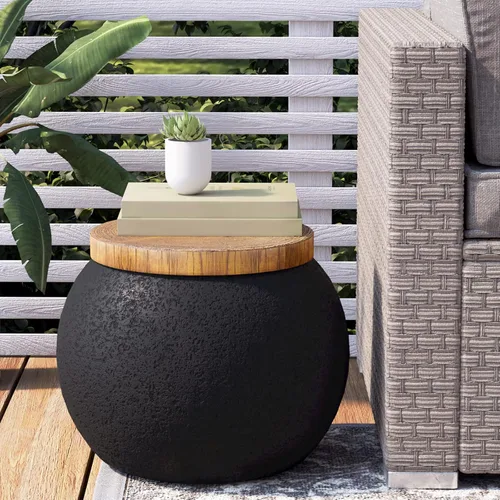 Vista 10 de COSIEST Mesa auxiliar para exteriores, mesa auxiliar de tambor, parte superior de madera sintética, base negra con tronco de árbol pintada a mano