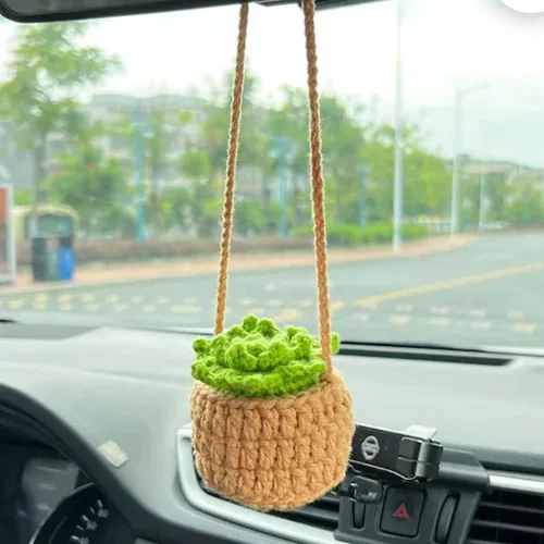 Vista 18 de Planta colgante de ganchillo para automóvil, colgador de espejo de automóvil de punto, cesta colgante de ganchillo para plantas de automóvil, lindos