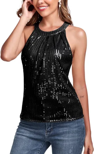 Vista 3 de Fenyong Camiseta sin mangas con cuello halter de lentejuelas para mujer, elegante, brillante, para fiesta, club, concierto, cóctel, camisola