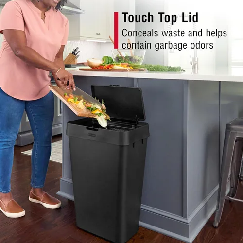 Vista 3 de Rubbermaid Touch-Top - Bote de basura de cocina con tapa, 12.2 galones, color negro, contenedor de basura para el hogar, cocina, apartamento/garaje
