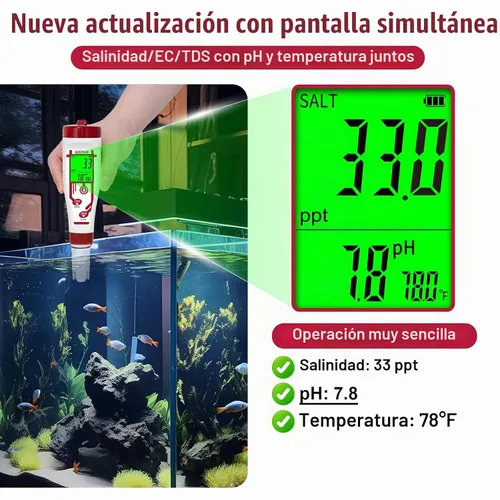 Vista 3 de Medidor de pH de salinidad para acuario, probador digital de sal de piscina, pantalla simultáneamente 5 en 1 PPM pH EC lector probador de calidad