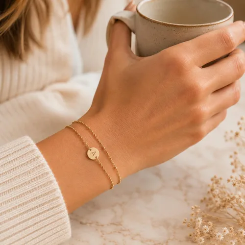 Vista 2 de Glimmerst Pulsera con inicial para mujer, chapada en oro de 18K, de acero inoxidable en capas, con monedas, pulsera con letra, cadena con cuentas