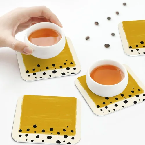 Vista 6 de Juego de 4 manteles individuales con estampado amarillo mostaza y negro, de cuero, resistentes a las manchas, para comedor, cocina, antideslizantes