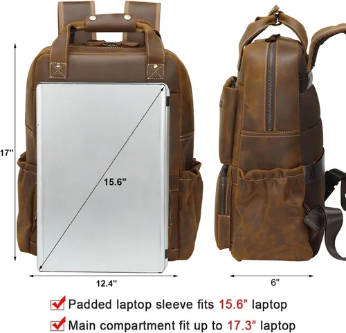 Vista 5 de TIDING - Mochila para portátil de cuero de grano completo de 15.6 pulgadas para hombre, mochila grande casual para viaje, estilo vintage, para fin