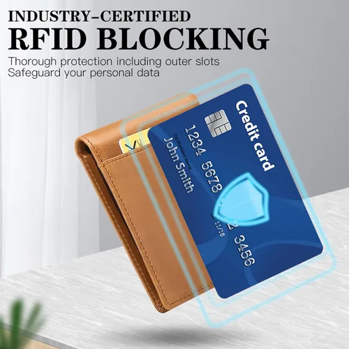 Vista 5 de FALAN MULE Cartera de cuero genuino para hombre, con bloqueo RFID, billetera plegable con 2 ventanas de identificación, Caqui, Classic