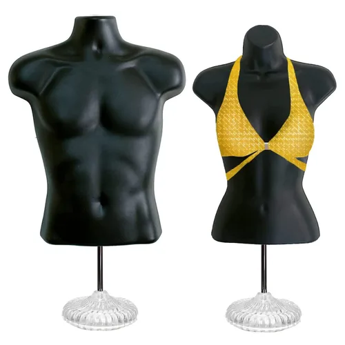 Vista 2 de Juego de maniquí negro macho + hembra con espalda hueca con soporte acrílico con poste de metal, tamaños S-M (10)