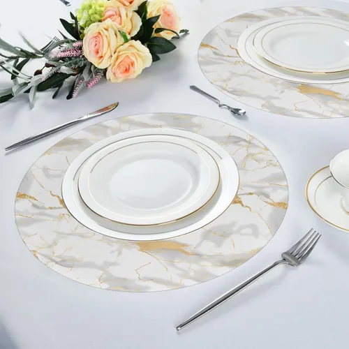 Vista 4 de Round Placemats Set of 1, White Marble Print Gold Texture Heat Resistant Washable Place Mats Table Mat for Kitchen Dining Party