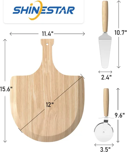 Vista 2 de SHINESTAR Pala de pizza de 12 pulgadas, paleta de madera para pizza casera, tabla de cortar natural y tabla de queso, tabla de cortar con cortador
