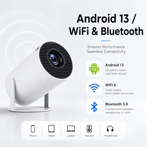 Vista 2 de Mini proyector HY300 Pro, proyector portátil Android 13 con WiFi y Bluetooth, compatible con video 4K, Keystone automático, rotación de 180°