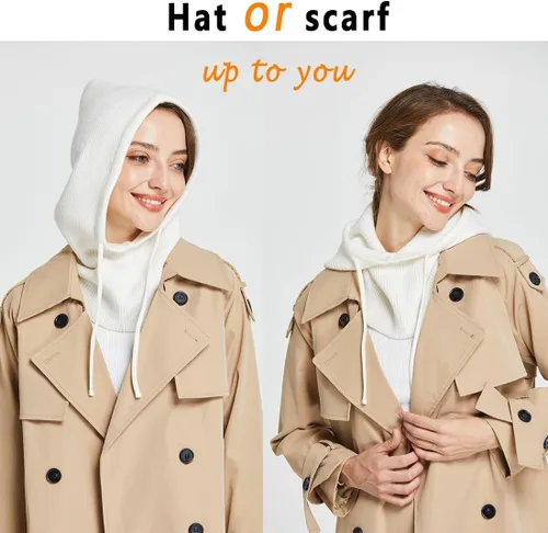 Vista 2 de Facecozy Sombreros de invierno para mujer, mezcla de lana, bufanda con capucha para mujer, pasamontañas, gorro de punto de calavera, gorro