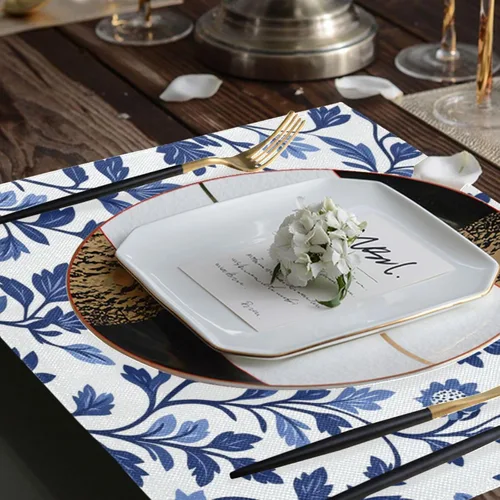 Vista 7 de Custom Europen Vine Scroll Pattern Blue Easter Place Mats Interior rústico lavable redondo manteles individuales 6 piezas 12 x 18 manteles redondos