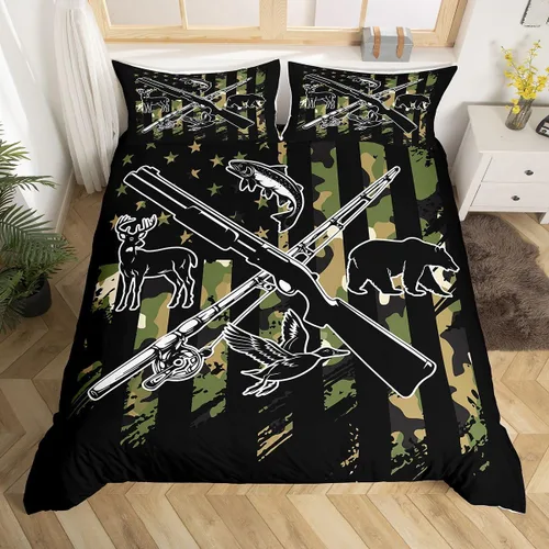 Vista 24 de Funda de edredón de cabaña marrón retro, juego de ropa de cama de retazos con diseño de oso del bosque, ciervos para cabaña rústica, funda de Multi