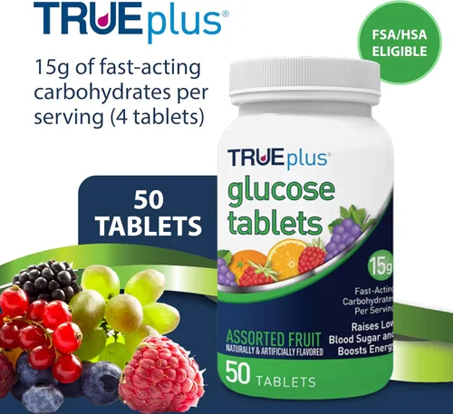 Vista 2 de TRUEplus® Tabletas de glucosa, sabor surtido (uva, frambuesa, naranja), botella de 50 unidades (1)