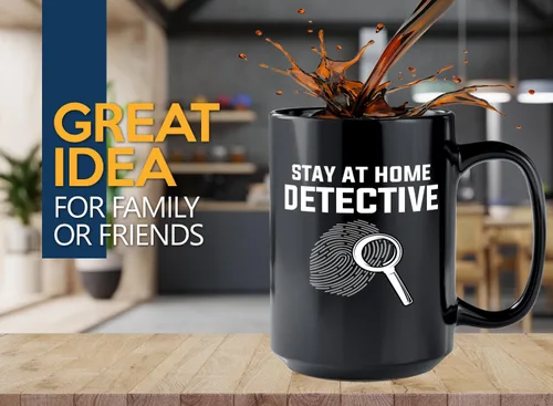 Vista 2 de Taza de café detective de 15 onzas, color negro, manténgase en casa - Oficial de policía policía patrulla detective sheriff aplicación de la ley