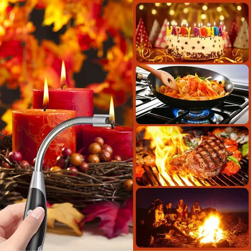 Vista 8 de AT-Mizhi Encendedor eléctrico - Encendedor de cuello largo recargable con linterna LED para velas, camping y barbacoa