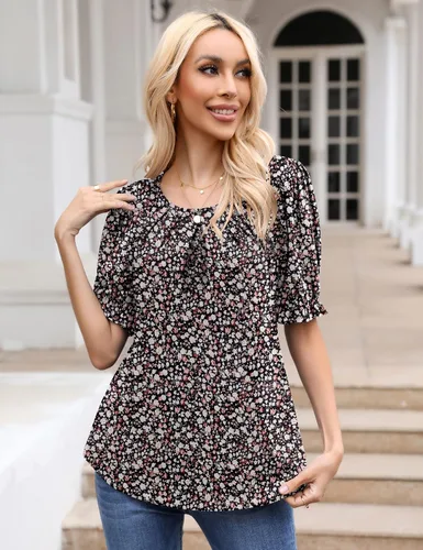 Vista 2 de Blusa plisada con cuello redondo para mujer, estilo casual, manga corta, estilo túnica, con dobladillo curvado