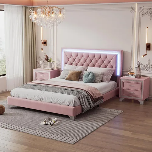 Vista 3 de Juego de muebles de dormitorio de 3 piezas, cama de plataforma tapizada tamaño Queen con luces LED y 2 mesitas de noche, cama de plataforma