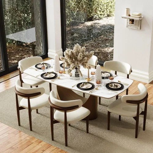 Vista 10 de POVISON Juego de mesa de comedor para 4, mesa rectangular negra de piedra sinterizada mate de 63 pulgadas con base de acero al carbono bronce, silla