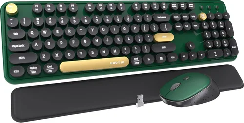 Vista 7 de Combo de teclado y mouse inalámbricos morado, teclado de máquina de escribir de tamaño completo con teclas completas, teclado de computadora retro