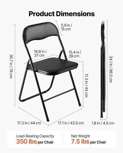 Vista 3 de VEVOR Juego de 4 sillas plegables, sillas plegables con cojín acolchado, sillas de fiesta portátiles con marco de metal reforzado, asiento apilable