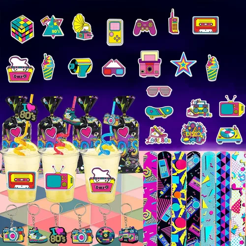 Vista 7 de CHSLtmxq 122 PCS Decoraciones de Fiesta de los Años 80, Set de Suministros de Favores de Fiesta Temática de los Años 90, Pulseras Slap y Llaveros