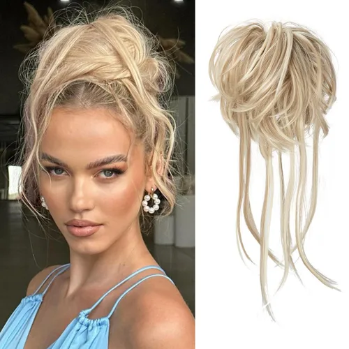 Vista 12 de Extensiones de cabello rizado con cola de caballo, cabello sintético con coleta recta, coleteros para mujer, rubio ceniza/rubio playa