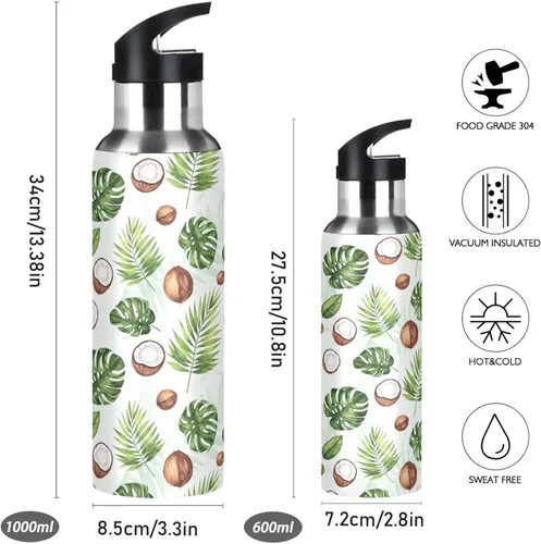 Vista 2 de Watercolor Tropical Leaves Stainless Steel Vacuum Insulated Water Bottle 20 Oz Leakproof Water Bottles, BPA-Free Sport Water Bottle Insulated