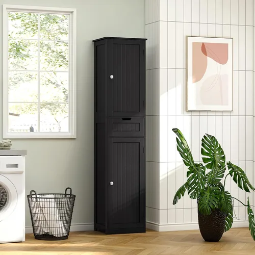 Vista 9 de Iwell Armario de baño alto negro con 2 puertas y 1 cajón, armario de almacenamiento de baño con estantes ajustables, unidad de almacenamiento
