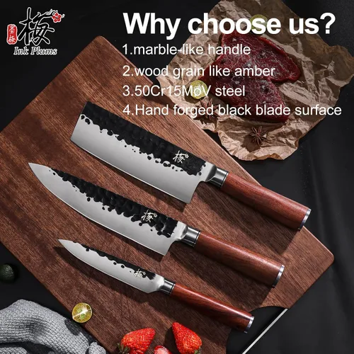 Vista 2 de Juego de cuchillos de cocina de 3 piezas, cuchillo de chef, cuchillo Usuba, cuchillo de pelar, cuchillo profesional de acero inoxidable de alto