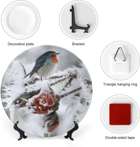 Vista 3 de Bird Robin Snow Hoarfrost - Plato decorativo para colgar decoración del hogar, decoración del hogar, recuerdo, arte de pared, platos de cerámica