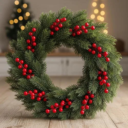 Vista 5 de Decoraciones navideñas para el hogar, interiores, ramas de pino artificial de hoja perenne con tallos de bayas rojas para árboles de Navidad 50