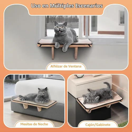 Vista 2 de Percha de Ventana para Gatos Petsfit, Hamaca de Gato de Madera Maciza Natural con Estera de Forro Polar Desmontable, Percha de Ventana Fácil