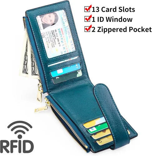 Vista 3 de FALAN MULE Billetera para mujer con tarjetero de Leahter Bifold con funda integrada integrada, AA-Azul pavo real, Billetera plegable con Airtag
