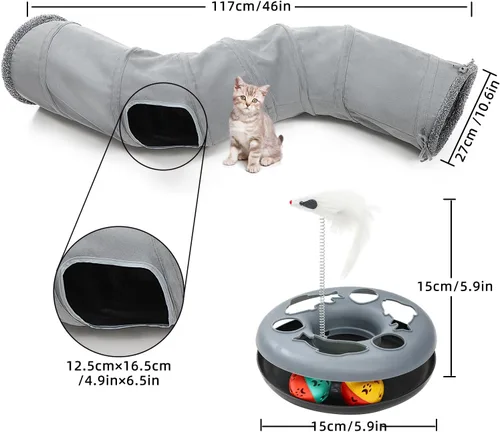 Vista 2 de Túnel para gatos, juguete para gatos de interior, juguete para gatos con pista de rodillos, tubo de juego plegable en forma de S, casa laberinto