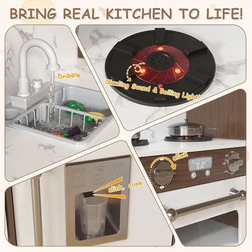 Vista 5 de Juego de cocina grande de esquina de madera, juego de cocina para niños con máquina de hielo, sonido y luz realistas, fregadero de juguetes con agua