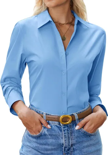 Vista 15 de siliteelon Camisa con botones para mujer: camisa de vestir con cuello de manga larga de algodón con botones, blusa de trabajo y oficina