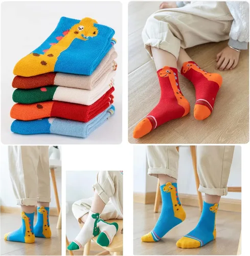 Vista 4 de YIPINU Calcetines de dinosaurio para niños y niñas de 1 a 3 años y 9 a 12 años, paquete de 5 calcetines de regalo para niños