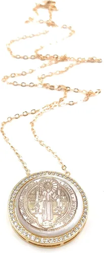 Vista 2 de LESLIE BOULES Collar con colgante de San Benito para mujer, cadena chapada en oro de 18 quilates, 18 pulgadas de largo, Nácar