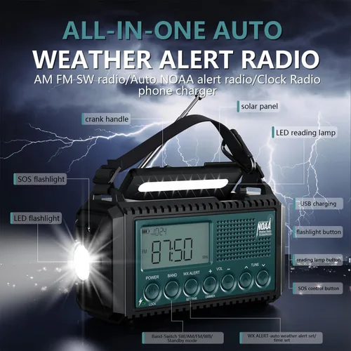 Vista 8 de AUTO NOAA Radio de emergencia de alerta, manivela solar portátil AM FM radio meteorológica de onda corta para supervivencia, radio a