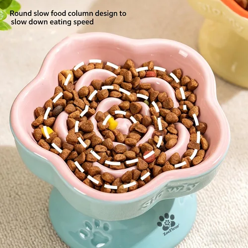 Vista 2 de Cuenco elevado de cerámica para gatos de alimentación lenta, lindo cuenco elevado para comida para mascotas, alimentador de rompecabezas para gatos