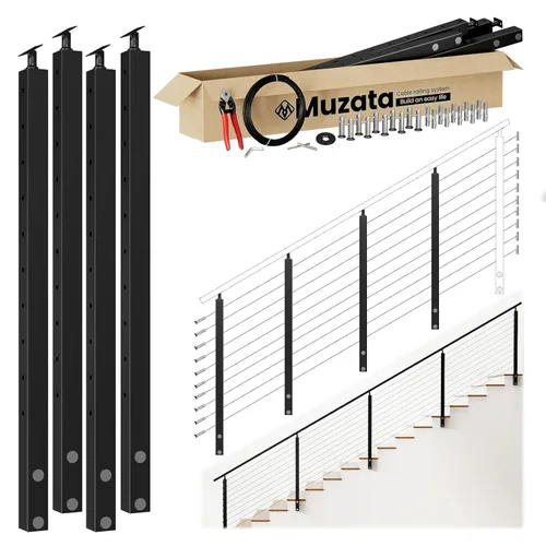 Vista 9 de Muzata Kit de barandilla de cable modular negro de 4 a 8 pies, kit de poste de 2 niveles de 36 pulgadas, sistema completo de barandilla de cable