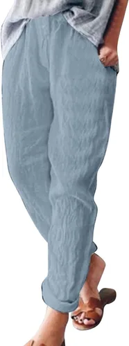 Vista 2 de Pantalones de lino para mujer, de verano, casuales, de tiro alto, cónicos, de algodón, cintura elástica, con bolsillos