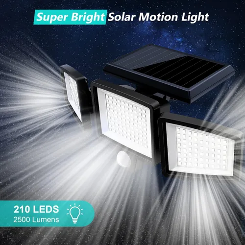 Vista 2 de Tuffenough Luces solares para exteriores de 2500 lm, 210 luces LED de seguridad con control remoto, 3 cabezales de luces con sensor de movimiento